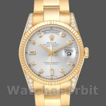Replique Rolex Day-Date 36mm Unisex-118338-Or jaune-argent Cadran diamant Argent