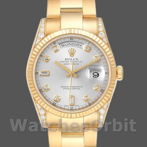 Replique Rolex Day-Date 36mm Unisex-118338-Or jaune-argent Cadran diamant Argent