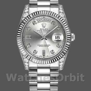 Replique Rolex Day-Date 36mm Unisex-118339-Or blanc Cadran argenté Lunette cannelée Argenté