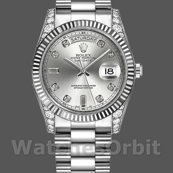 Replique Rolex Day-Date 36mm Unisex-118339-Or blanc Cadran argenté Lunette cannelée Argenté