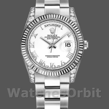 Replique Rolex Day-Date 36mm Unisex-118339-Or blanc Cadran blanc Lunette cannelée blanc<br />