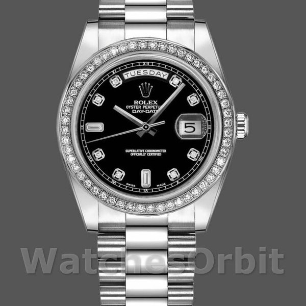 Replique Rolex Day-Date 36mm Unisex-118346-Cadran Noir Diamants Noir