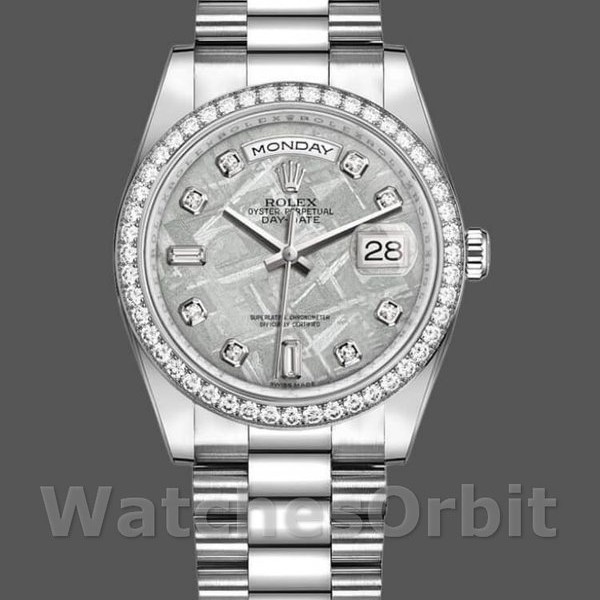 Replique Rolex Day-Date 36mm Unisex-118346-Platinum-Diamond Bezel-Meteorite Dial Meteorite<br />
