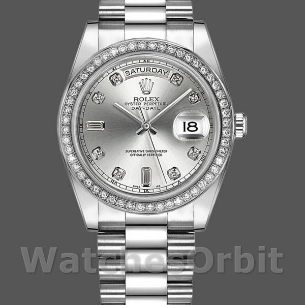Replique Rolex Day-Date 36mm Unisex-118346-Cadran argenté-Diamant argenté