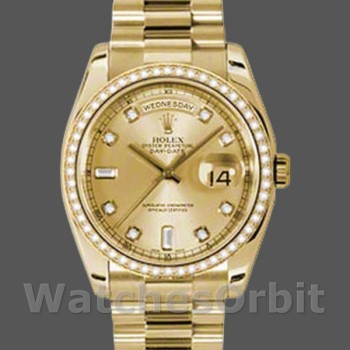 Replique Hommes Rolex Day-Date 36mm Unisex-118348-Champagne Cadran Diamant-Or jaune Champagne