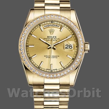 Replique Rolex Day-Date 36mm Unisex-118348-Champagne Cadran Index-Or jaune Champagne