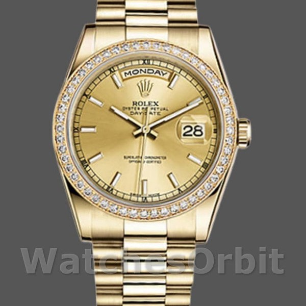 Replique Rolex Day-Date 36mm Unisex-118348-Champagne Cadran Index-Or jaune Champagne