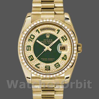 Replique Rolex Day-Date 36mm Unisex-118348-Cadran vert à diamants-Or jaune Vert
