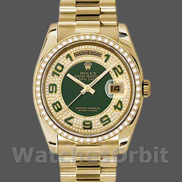 Replique Rolex Day-Date 36mm Unisex-118348-Cadran vert à diamants-Or jaune Vert