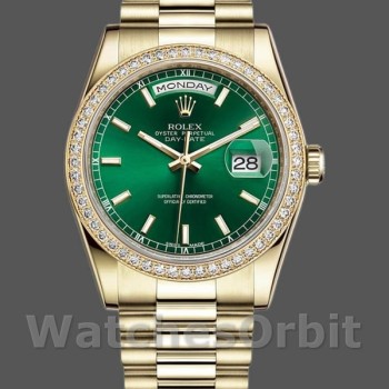 Replique Rolex Day-Date 36mm Unisex-118348-Cadran Index Vert-Or jaune Vert