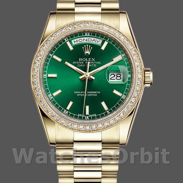 Replique Rolex Day-Date 36mm Unisex-118348-Cadran Index Vert-Or jaune Vert
