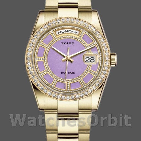 Replique Rolex Day-Date 36mm Unisex-118348-Lavender Jade Carousel Dial-Yellow Gold Lavender pour unisexe<br />