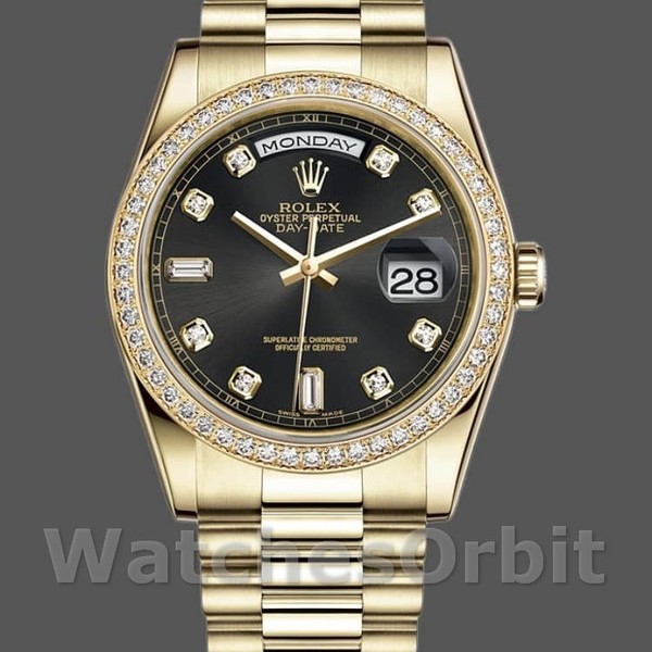 Replique Rolex Day-Date 36mm Unisex-118348-Or jaune Cadran noir diamant Noir<br />