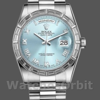 Replique Rolex Day-Date 36mm Unisex-118366-Cadran bleu glacier-Colonne diamant Bleu glacier
