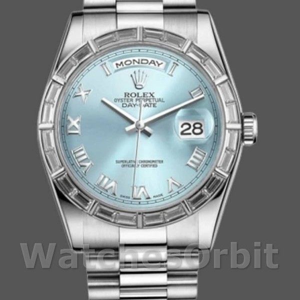 Replique Rolex Day-Date 36mm Unisex-118366-Cadran bleu glacier-Colonne diamant Bleu glacier