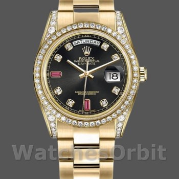 Replique Rolex Day-Date 36mm Unisex-118388-Noir Cadran Diamants-Rubis Noirs