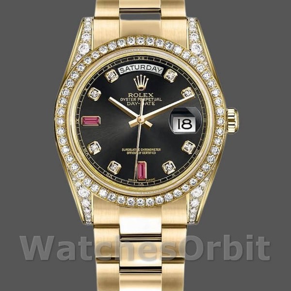 Replique Rolex Day-Date 36mm Unisex-118388-Noir Cadran Diamants-Rubis Noirs
