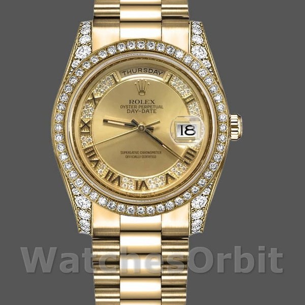 Replique Rolex Day-Date 36mm Unisex-118388-Champagne Cadran Diamant-Or jaune Champagne