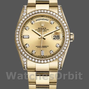 Replique Rolex Day-Date 36mm Unisexe-118388-Couronne diamantée-Cadran champagne unisexe