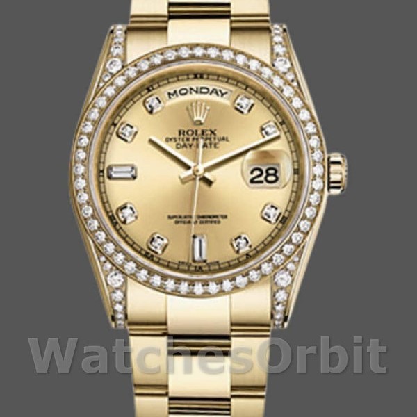 Replique Rolex Day-Date 36mm Unisexe-118388-Couronne diamantée-Cadran champagne unisexe