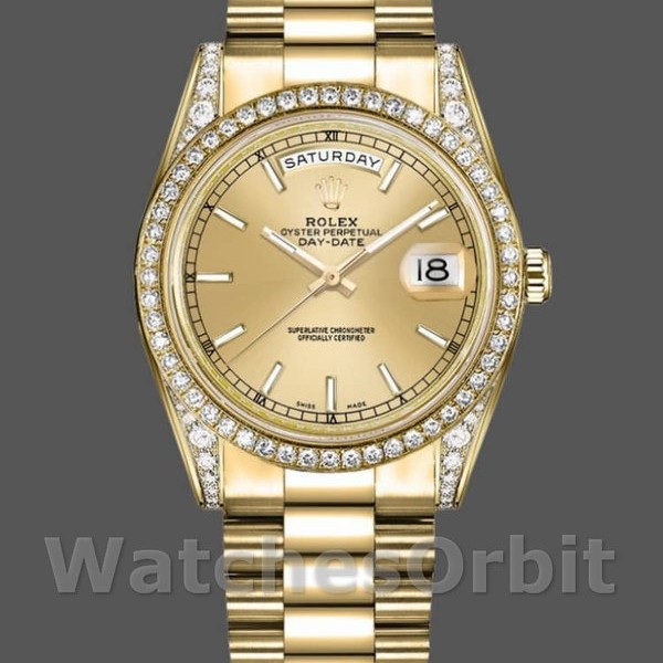 Replique Rolex Day-Date 36mm Unisex-118388-Monture diamant Cadran index Champagne