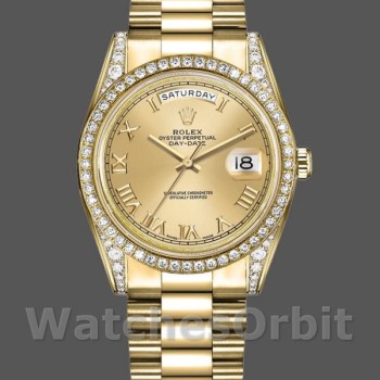 Replique Rolex Day-Date 36mm Unisex-118388-Monture diamant-Champagne Cadran chiffres romains Champagne