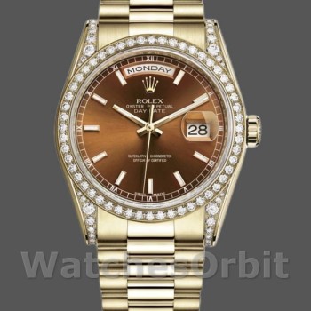 Replique Rolex Day-Date 36mm Unisex-118388-Couronne diamantée-Cadran brun chocolat brun unisexe <br />