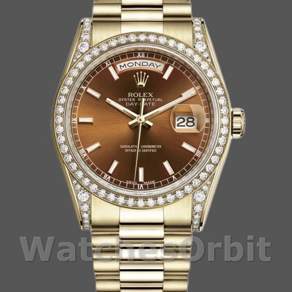 Replique Rolex Day-Date 36mm Unisex-118388-Couronne diamantée-Cadran brun chocolat brun unisexe <br />