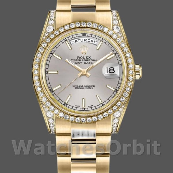 Replique Rolex Day-Date 36mm Unisex-118388-Monture en diamant-Cadran index argenté Argenté