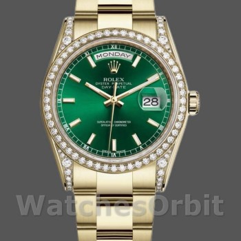 Replique Rolex Day-Date 36mm Unisex-118388-Diamond Dezel-Green Index Dial Vert