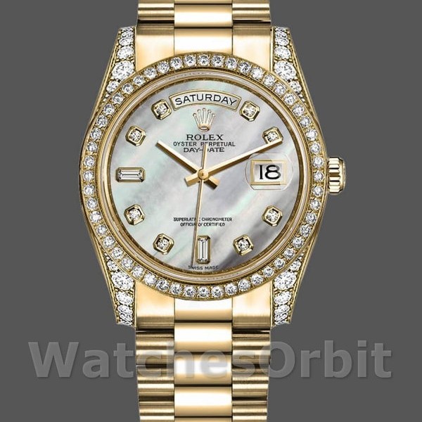 Replique Rolex Day-Date 36mm Unisex-118388-White Mother-Of-Pearl-Diamond Dial MOP unisexe