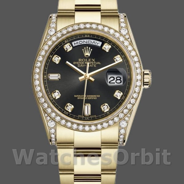 Replique Rolex Day-Date 36mm Unisex-118388-Or jaune Cadran noir diamant Noir