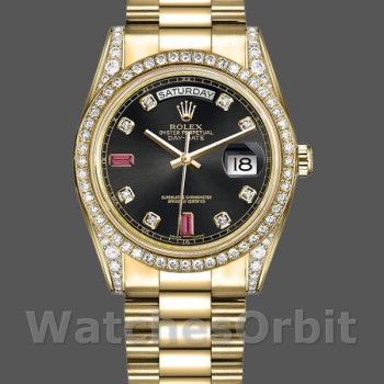Replique Rolex Day-Date 36mm Unisex-118388-Or jaune-Diamant noir Cadran rubis Noir