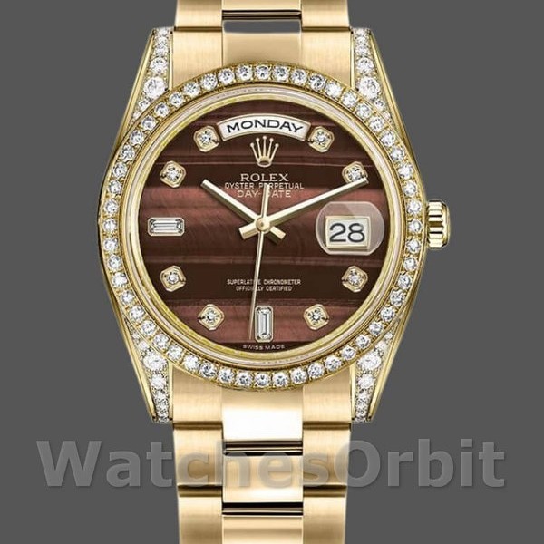 Replique Rolex Day-Date 36mm Unisex-118388-or jaune-œil de bœuf cadran marron Marron<br />