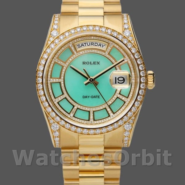 Replique Rolex Day-Date 36mm Unisex-118388-Or jaune Cadran vert diamant Vert <br />