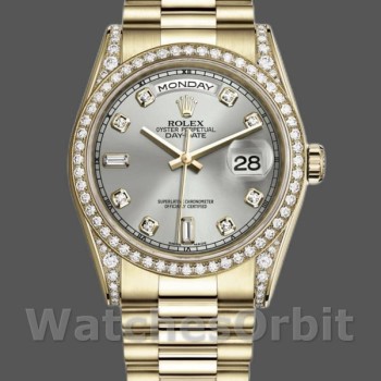 Replique Rolex Day-Date 36mm Unisex-118388-Or jaune-argent Cadran diamant Argent