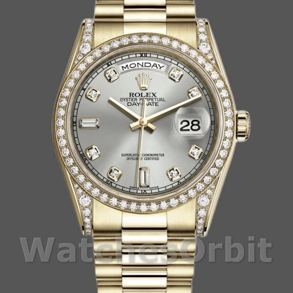 Replique Rolex Day-Date 36mm Unisex-118388-Or jaune-argent Cadran diamant Argent