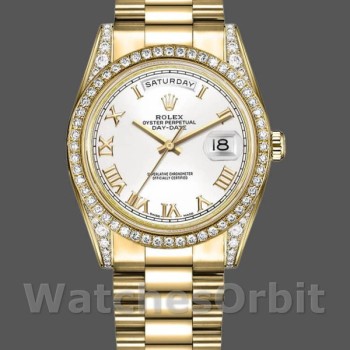 Replique Rolex Day-Date 36mm Unisex-118388-Or jaune Cadran chiffres romains blanc Blanc<br />