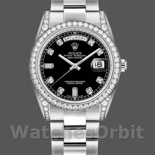 Replique Rolex Day-Date 36mm Unisex-118389-Monture diamant Cadran diamant noir Noir<br />
