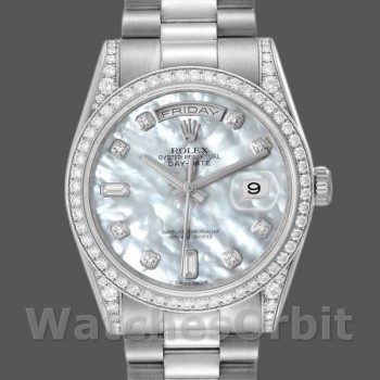 Replique Rolex Day-Date 36mm Unisex-118389-Couronne en diamant-MOP Cadran blanc MOP