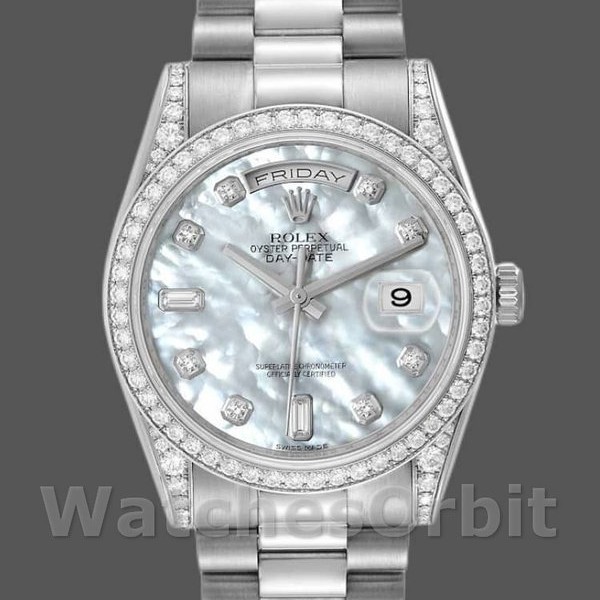 Replique Rolex Day-Date 36mm Unisex-118389-Couronne en diamant-MOP Cadran blanc MOP