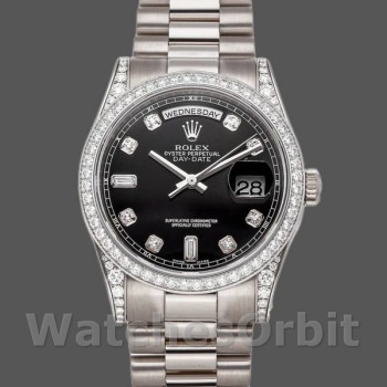 Replique Rolex Day-Date 36mm Unisex-118389-Or blanc-cadran diamant noir Noir<br />