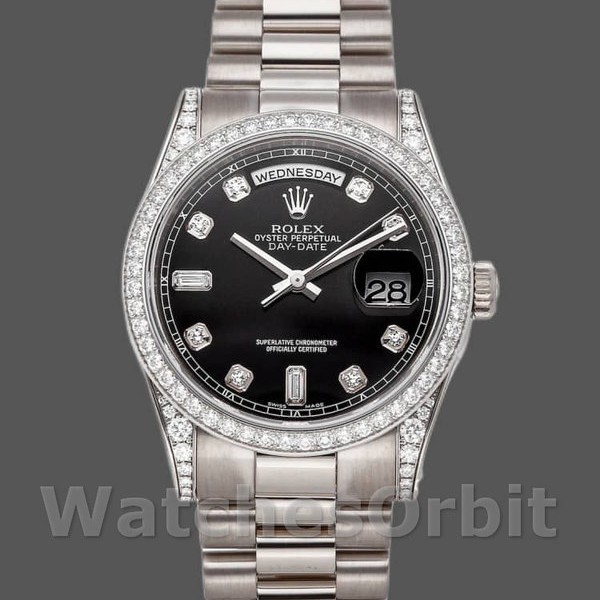 Replique Rolex Day-Date 36mm Unisex-118389-Or blanc-cadran diamant noir Noir<br />