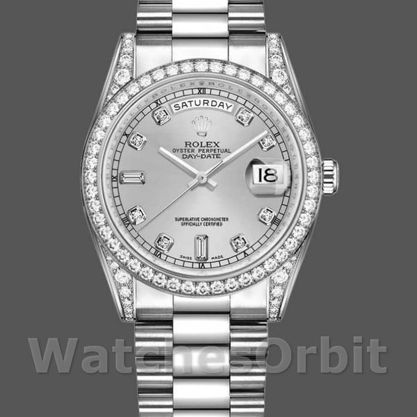 Replique Rolex Day-Date 36mm Unisex-118389-Or blanc-argent Cadran diamant Argent
