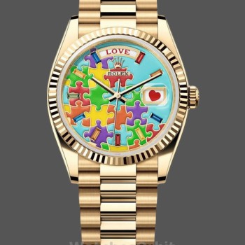 Replique Rolex Day Date 36-128238-0106 unisexe, or jaune, lunette cannelée, cadran Emoji Puzzle, Puzzle