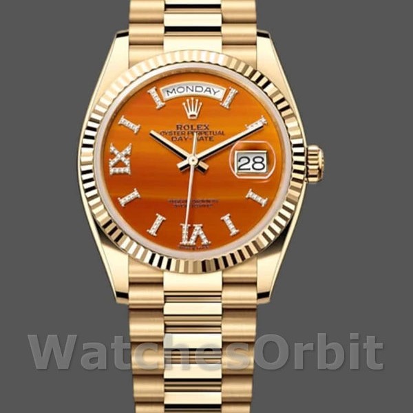 Replique Rolex Day-Date 36mm Unisex-128238-Couronne flutée-Cadran cornaline Cornaline