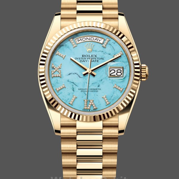 Replique Rolex Day-Date 36mm Unisexe-128238-Cerclage cannelé-Turquoise Cadran diamant Turquoise