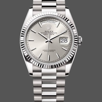 Replique Rolex Day-Date 36mm Unisex-128239 0005-Or blanc-Cadran index argenté Unisexe