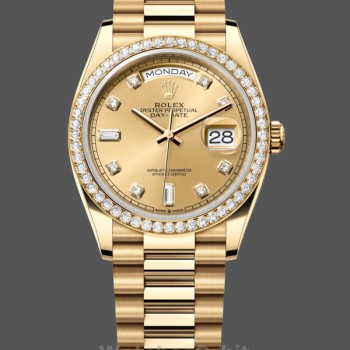 Replique Rolex Day-Date 36mm Unisex-128348RBR-Champagne Cadran Diamant-Or jaune Champagne