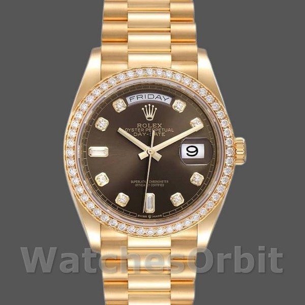 Replique Rolex Day-Date 36mm Unisex-128348RBR-Cadran gris foncé-or jaune gris